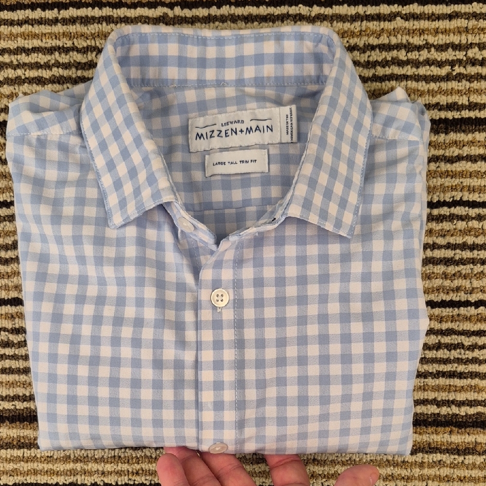 MIZZEN + MAIN Leeward Blue White Plaid Sz L Tall Trim Fit Mens Long Sleeve Shirt